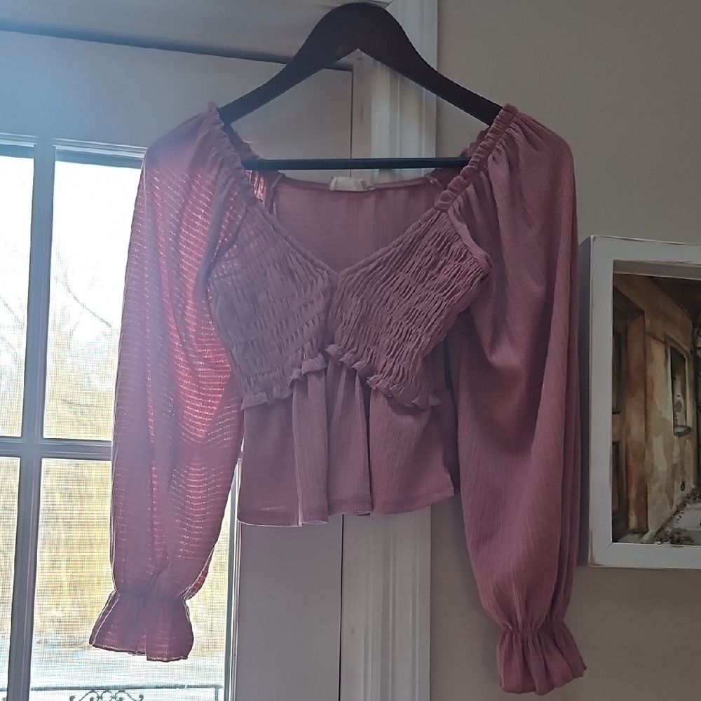 Altar'd State Pink Puff Sleeve Blouse with Ruffled Tie Front